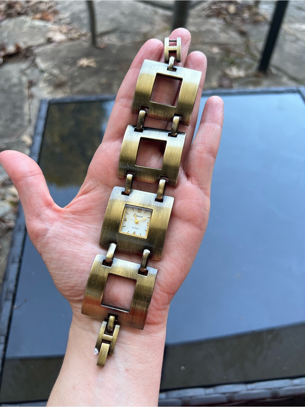 Vintage Y2K Brushed Gold-Tone Square Link Watch Bracelet - Unknown Brand